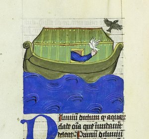 Noe wypuszcza gołębicę i kruka, De Rerum Natura - Rabanus Maurus, ok. 1425 (gwasz na welinie) autorstwa German School
