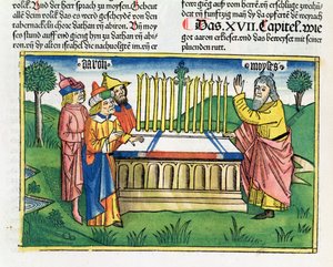 Lb 17 1-11 Na ołtarzu kwitnie laska Aarona, z Biblii Norymberskiej (Biblia Sacra Germanaica) (kolorowy drzeworyt) autorstwa German School