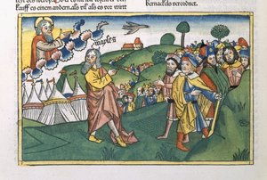 Liczb 1 1-20 Przygotowanie do podróży z Góry Synaj, z Biblii Norymberskiej (Biblia Sacra Germanaica) (kolorowy drzeworyt) autorstwa German School