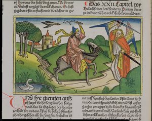 Liczb 22 20-35 Balaamowie gadający osły, z Biblii Norymberskiej (Biblia Sacra Germanaica) (kolorowy drzeworyt) autorstwa German School