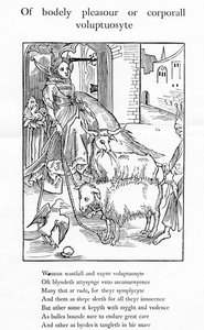 Z cielesnej przyjemności lub cielesnej lubieżności, ilustracja z angielskiego przekładu „Statek głupców” Aleksandra Barclay