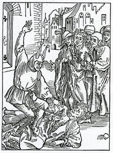 O brekynge i hurtynge of amyte i frendshyp, ilustracja z angielskiego przekładu „Statek głupców” Aleksandra Barclay
