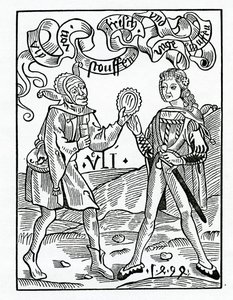 O nowych modach i przebranych ubraniach, ilustracja z angielskiego przekładu „Statek głupców” Alexandra Barclay