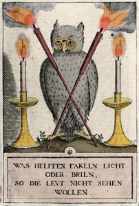 Sowa w okularach, symbol mądrości. Grawerowanie „Amphitheatrum sapientiae aeternae”. (Amfiteatr Wiecznej Mądrości) (Hamburg: n.n. autorstwa German School