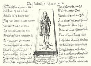 Broszura wydana ku pamięci zamordowanego czeskiego dowódcy wojskowego Albrechta von Wallensteina (rycina) autorstwa German School
