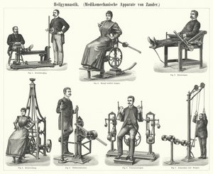 Fizjoterapia: aparat do mechanoterapii wymyślony przez szwedzkiego lekarza i ortopedę Gustava Zandera (grafika) autorstwa German School