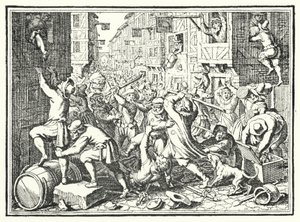 Splądrowanie Judengasse, żydowskiego getta we Frankfurcie, podczas powstania Fettmilch, 1614 autorstwa German School