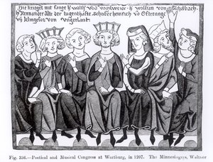 Kongres poetycko-muzyczny, Wartburg, 1207, ilustracja z Nauki i literatury w średniowieczu i renesansie, napisana i rytowana przez Paula Lacroix, 1878 autorstwa German School