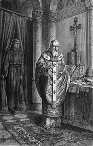 Papież Klemens IV (Gui Foucois lub Coots lub Foucault, koniec XII wieku-1268). Grawerowanie w „Kaiser, Konig und Papft” autorstwa Richarda Rotha autorstwa German School