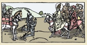 Papież Leon I spotyka Attylę i Arrete - Najazdy barbarzyńców - Rycina z "Leben der Heiligen - sommerteil" (Księga Świętego) Jakuba (Jakuba) z Voragine (1228-1298). Lubeka 1488. autorstwa German School
