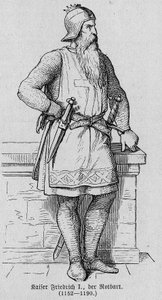 Portret Fryderyka I Hauhenstaufen znanego jako Fryderyk Barberousse (1122-1190), cesarza niemieckiego. Grawerowanie w „Kaiser, Konig und Papft” autorstwa Richarda Rotha autorstwa German School