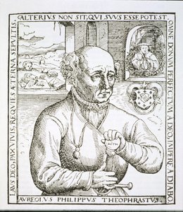 Portret Teofrastusa Paracelsusa (1493-1541), kopia ilustracji z jego książki Astronomica et Astrologica Pouscula, Kolonia 1567, wykorzystana w Historii magii, wydanej pod koniec XIX wieku (drewno autorstwa German School