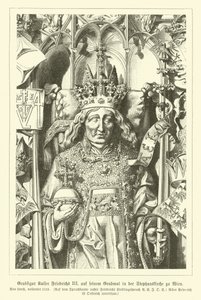 Portret świętego cesarza rzymskiego Fryderyka III z jego grobu w katedrze św. Szczepana w Wiedniu (rycina) autorstwa German School