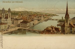 Pocztówka przedstawiająca ogólny widok miasta Zurych autorstwa German School