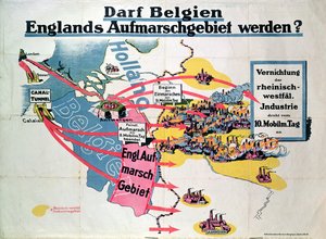 Plakat wyrażający niemiecki niepokój związany z proponowaną budową tunelu pod kanałem La Manche, łączącego Belgię i Anglię, ok. 1914-18