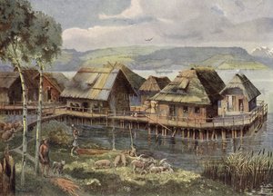 Prehistoryczna europejska wioska nad jeziorem (kolorowa litografia) autorstwa German School