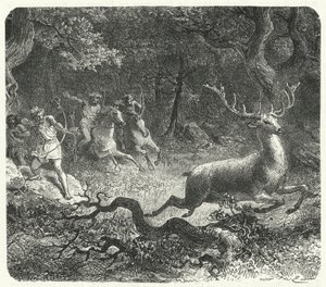 Prehistoryczni mężczyźni używający koni do polowania (rycina) autorstwa German School