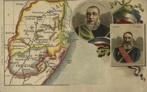 Prezydent Paul Kruger, generał Piet Joubert oraz mapa Wolnego Państwa Transwalu i Orange