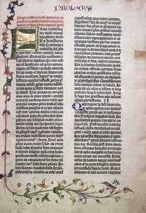 Folio prologu ze złotą i zieloną literą „F” i obramowaniem z liści, kwiatów, pnączy i ptaka, 1455 autorstwa German School