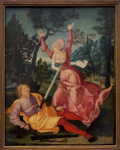 Pyramus i Thisbe. (Dwaj Babilończycy kochali się nawzajem pomimo sprzeciwu ich rodzin, decydując się na wspólną ucieczkę, spotykają się u stóp muriera. Przybywając Pyramus wierzy, że jej przyjaciółka została pożarta przez lwicę i dźgnęła się autorstwa German School