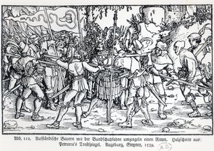 Zbuntowani chłopi otaczający rycerza, od ilustracji do Trostspiegel Petrarki, 1539 autorstwa German School