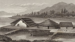 Rekonstrukcja dawnej wioski nad jeziorem. Ilustracja do Atlasu Bilder (grawerowanie) autorstwa German School