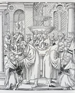 Reformatorzy Marcin Luter i Jan Hus udzielający Komunii (grafika) autorstwa German School