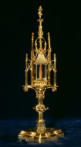 Relikwiarz Monstrancja z kawałkiem krzyża, Augsburg, ok. 1490 (złoto i drewno)