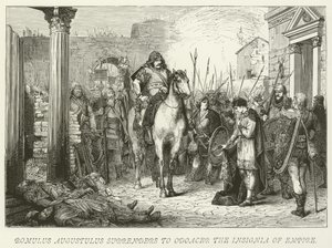 Romulus Augustulus poddaje się Odoacerowi, Insygniom Imperium autorstwa German School