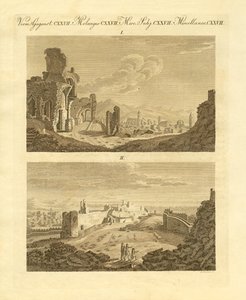 Ruiny starego miasta Sagunto w Hiszpanii (kolorowy grawerunek) autorstwa German School