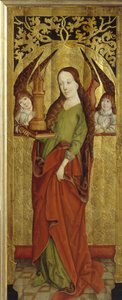 Sainte Barbe lub Barbe Wielki Męczennik (III wiek). (św. Barbara). Niosąc na płaskowyżu wieżę z trzema oknami. Obraz mistrza westfalskiego (czynny w latach 1470-1480), olej na drewnie, ok. 1470-1480. sztuka niemiecka autorstwa German School