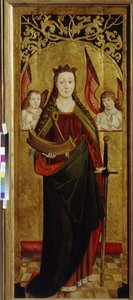 Święta Katarzyna Aleksandryjska (ok. 290-307) (św. Katarzyna). Niosący kawałek koła tortur męczeństwa. Obraz mistrza westfalskiego (czynny w latach 1470-1480), olej na drewnie, ok. 1470-1480. sztuka niemiecka autorstwa German School