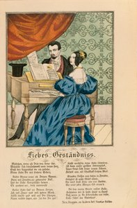 Scena przedstawiająca parę przy fortepianie, pod spodem zapisany wiersz miłosny, z Neuruppiner Bilderbogen, 1850 autorstwa German School