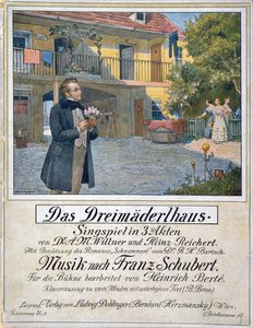 Okładka partytury Das Dreimaederlhaus (Dom Trzech Dziewczyn) przedstawiająca Schuberta przed domem, 1916 autorstwa German School
