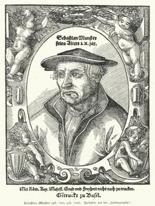 Sebastian Muenster, niemiecki kartograf, kosmograf i autor Kosmografii, najwcześniejszego dzieła opisującego świat po niemiecku (grafika) autorstwa German School