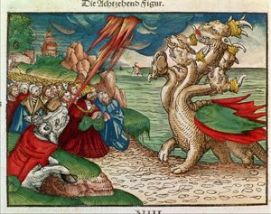 Siedmiogłowy wąż z Księgi Objawienia, z Biblii Lutra, ok. 1530 (kolorowy drzeworyt) autorstwa German School
