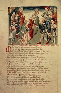 Siegfried widzi Kreimhild po raz pierwszy, z „Hundeshagen Nibelungen Codex” (welum) autorstwa German School