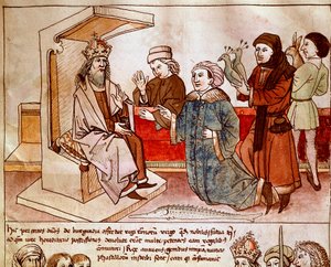 Zygmunt I Luksemburczyk (1368-1437), cesarz Świętego Cesarstwa otrzymuje daninę ludów uległych. Miniatura z „Kroniki soboru w Konstancji” Ulricha Richentala (1360-1437) 1438 ok. Praga, biblioteka narodowa autorstwa German School