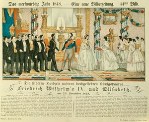 Srebrna rocznica ślubu Fryderyka Wilhelma IV Pruskiego i jego żony Elżbiety Ludowiki Bawarskiej, 1848 (kolor lito) autorstwa German School