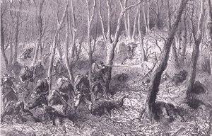 Potyczka w lasach pod Paryżem, Cassells History of the War between France and Germany, wydana przez Cassell and Company Limited, c.1890 (lito) autorstwa German School