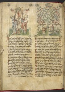 Sloane 361, f.26v Nabuchodonozor widzi we śnie drzewo; Ukrzyżowanie, z „Speculum Humanae Salvation” (tusz i kolor na welinie) autorstwa German School