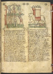 Sloane 361, f.27 Król Codrus oddaje się na śmierć dla swojego ludu, a Eleazar Machabeusz dźga słonia i zostaje przez niego zmiażdżony, z „Speculum Humanae Salvation” (atrament i kolor na welinie) autorstwa German School