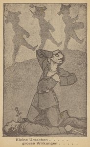 Małe przyczyny - wielkie skutki. Niemiecka ilustracja antywojenna, wydana przez WILPF (Międzynarodową Ligę Kobiet na rzecz Pokoju i Wolności), koniec lat dwudziestych (litografia). autorstwa German School