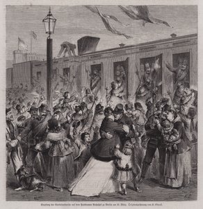 Żołnierze pruskiej gardy Landwehr powitani na stacji poczdamskiej w Berlinie po powrocie z wojny francusko-pruskiej, 22 marca 1871 (rycina) autorstwa German School