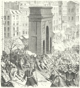 Żołnierze na ulicach Paryża podczas francuskiego zamachu stanu w grudniu 1851 r. (rycina) autorstwa German School