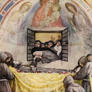 Klara opłakująca św. Franciszka z Asyżu (kolorowa litografia) autorstwa German School