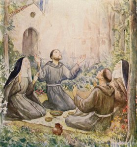 Franciszek i Klara z Asyżu spożywający posiłek przed kościołem Matki Boskiej Anielskiej (kolorowa litografia) autorstwa German School