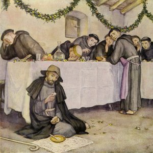 Święty Franciszek i lekcja świętego ubóstwa (kolorowa litografia) autorstwa German School