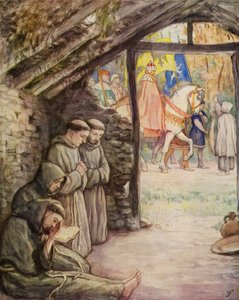 Święty Franciszek i jego naśladowcy w sanktuarium w Rivotorto (kolorowa litografia) autorstwa German School