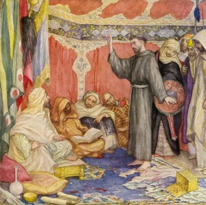 Franciszek z wizytą u sułtana Egiptu (kolorowa litografia) autorstwa German School